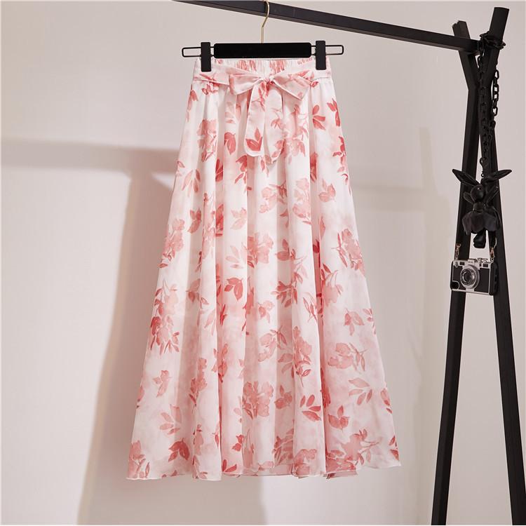 Qooth Pink Floral Print A-Line Maxi Skirt French High Waist Chiffon Skirt for Women QT118 One Size розовый