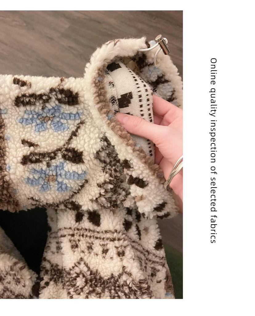 Pantaloni da notte invernali da donna a gamba larga a vita alta in lana d'agnello stile Fair Isle retrò