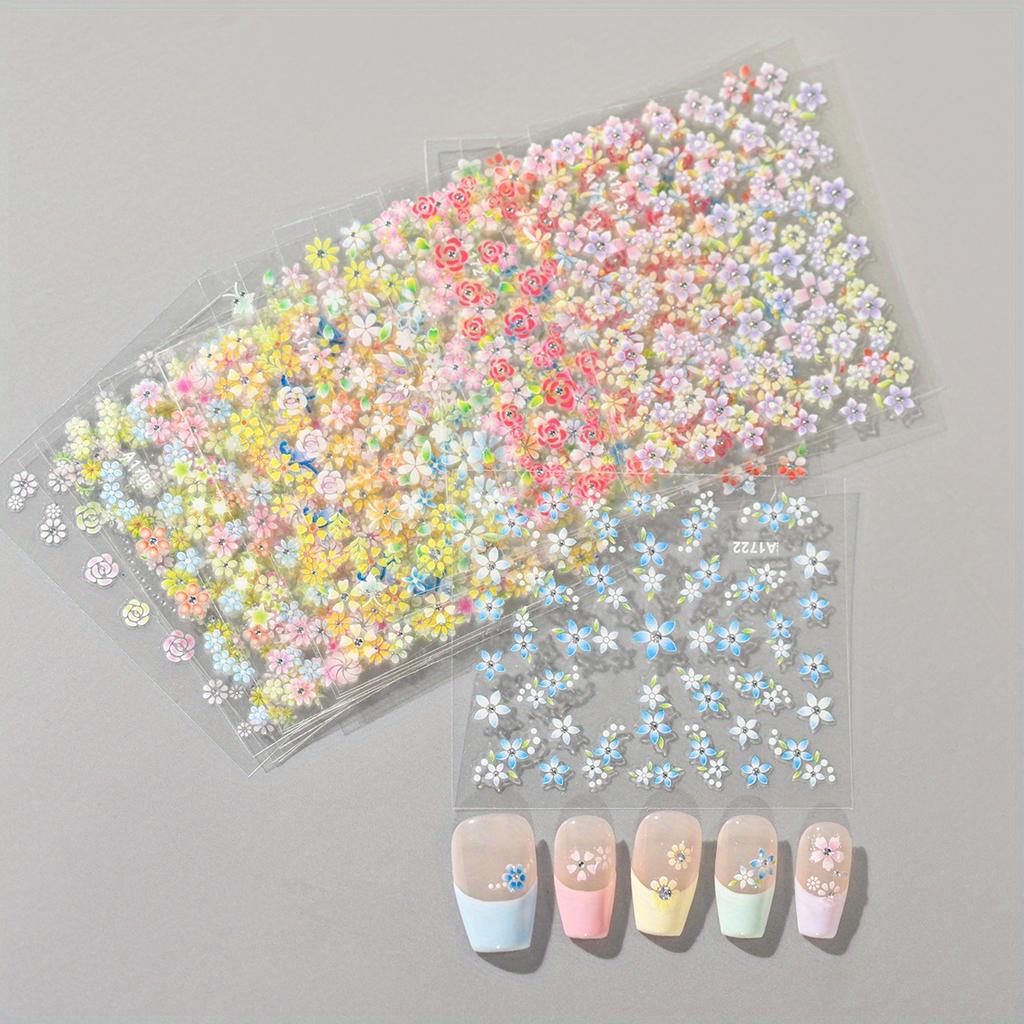 24pcs Flower With Nail Stickers Set 3D Nail Art Stickers Self-Adhesive Assorted Patterns Blossom Manicure Decoration