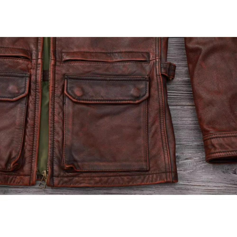Chinese Size Vintage Red Brown Men Leather Jacket M65 Hunting Flight Jacket Genuine Cowhide Coat Autumn