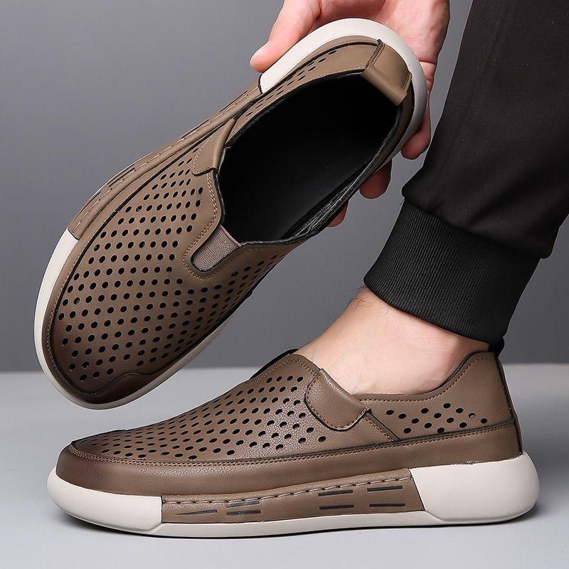 Shoes Men's Summer New Men's One-pedal Hollow Board Shoes Texture Online Casual Leather Shoes Soft Sole Breathable Men's Shoes