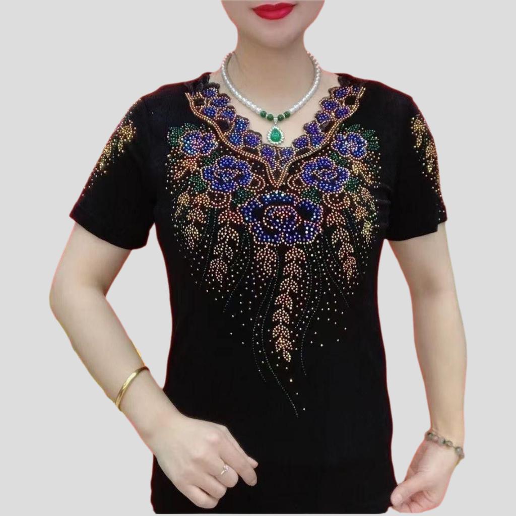 Women's V-neck Short Sleeve T-shirt Rhinestone Print High Stretch Slim-fit T-shirt