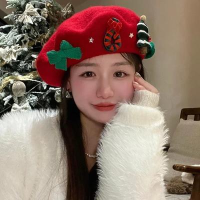 Women Christmas Beret Cap Red Green Beret Female Winter Headwear Xmas Party Dress Up New Year Gifts Girl Wool Christmas Hats