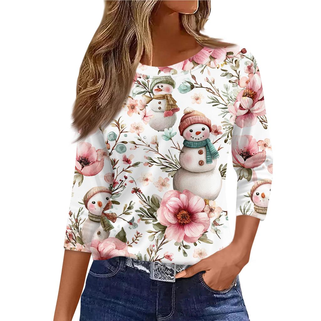 3/4 Length Sleeve Womens Tops Floral Print Vintage Fashion Casual Loose With Round Neck Plus Size Shirts