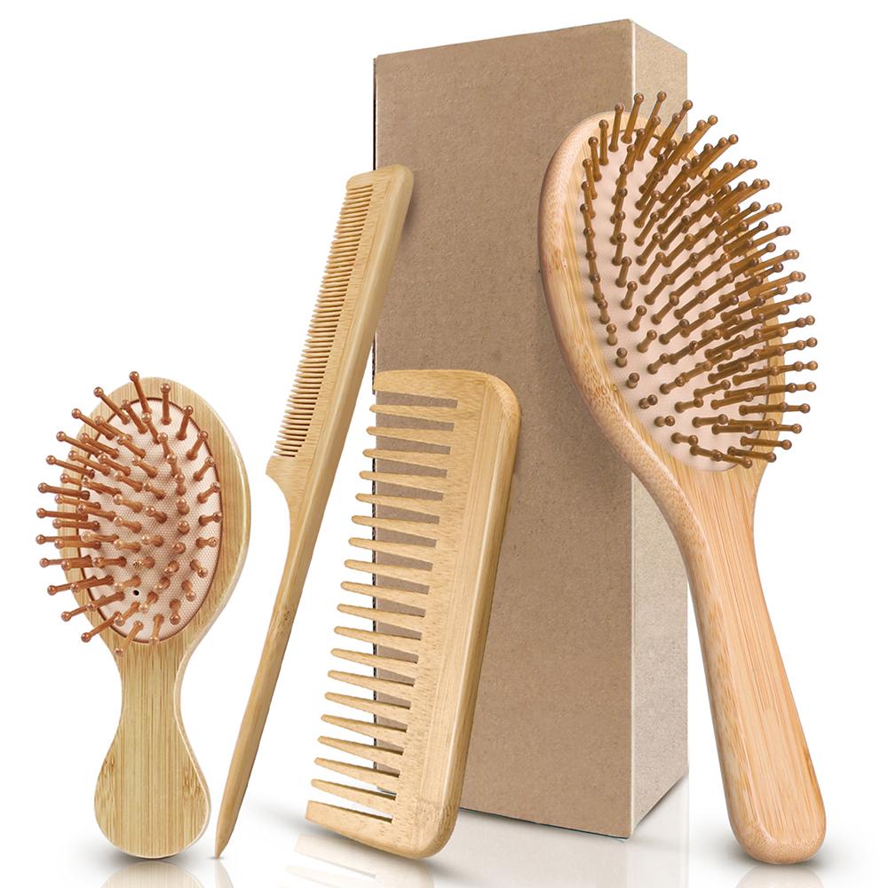 4pcs/Set Bamboo Wooden Hairdressing Comb Air Cushion Comb Wide Tooth Hair Comb Rat Tail Comb Holiday Gift