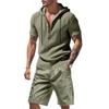 Men's Casual Linen Breathable Hooded Henley Shirt and Shorts Set