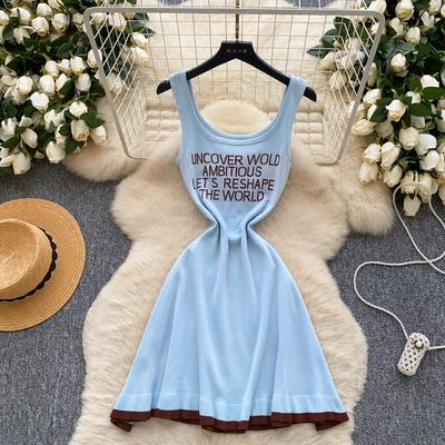 Summer Women Sweet Spaghetti Strap Letter Print Knitted Sweater Mini Short Sundresses for Hot Girls