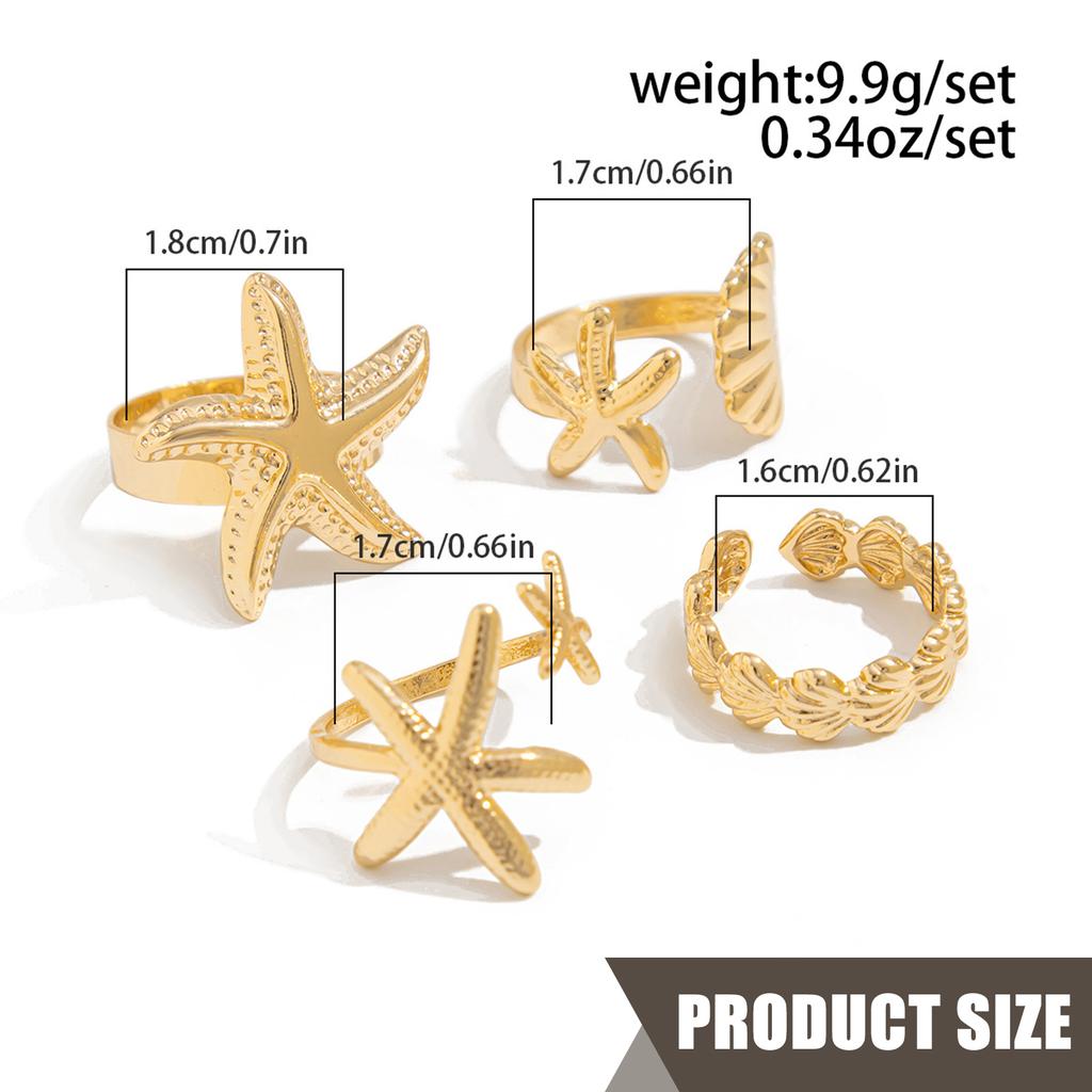 Set of 4 Adjustable Geometric Shell Rings for Women Summer Beach Jewelry in Gold & Silver Alloy Coastal Accessories