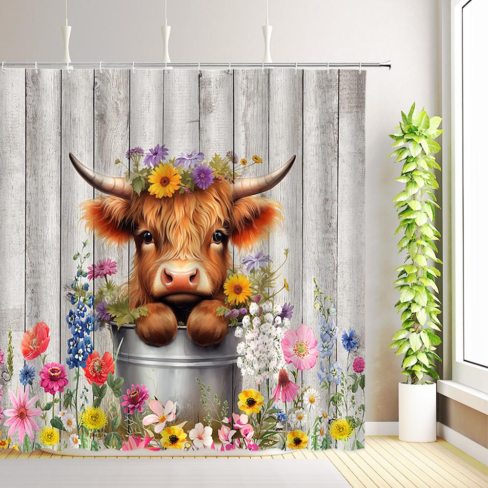 Highland Cow Shower Curtain Rustic Farm Animal Cattle Donkey Pig Chicken Flower Plant Leaves Sunflower Bathroom Decor with Hooks
