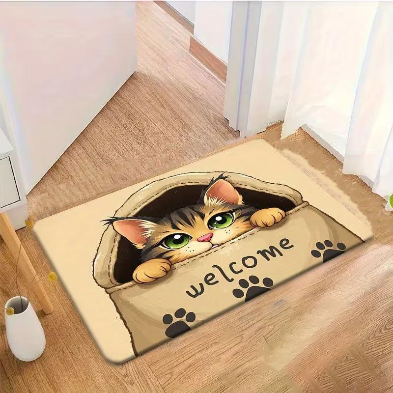 Willkommens-Fußmatte Niedliches Design mit einer hervorlugenden orangefarbenen Katze Rutschfeste Bodenmatte Warmer verspielter Innen-Heimdekor-Teppich für den Eingangsbereich Gruß