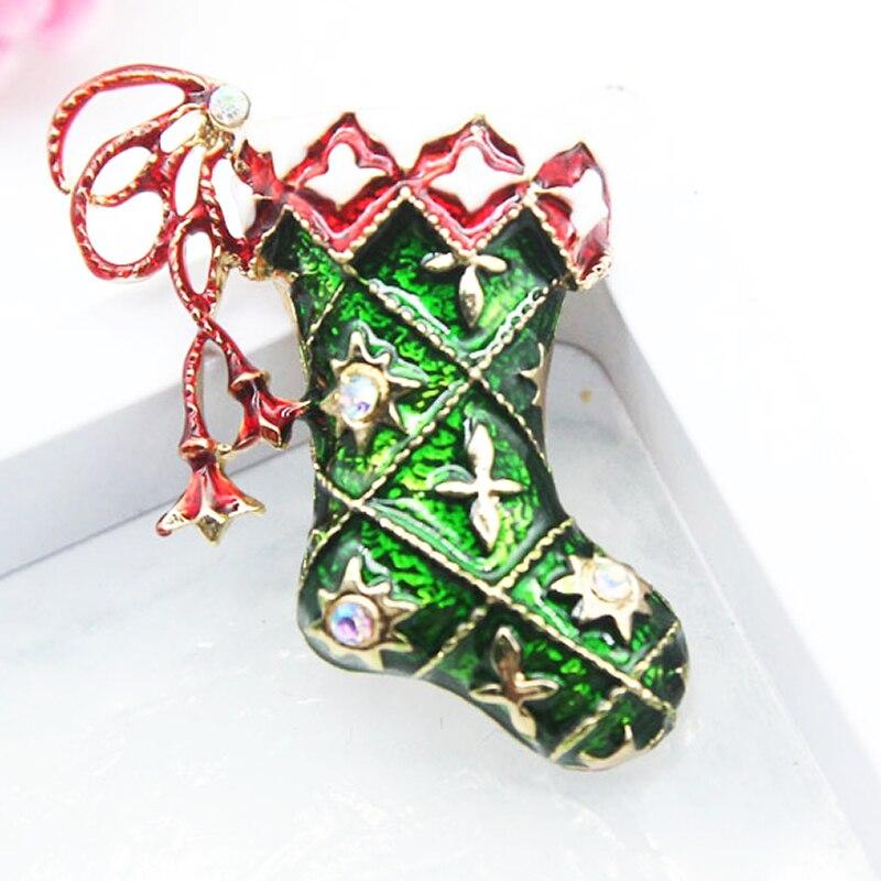 Blucome Christmas Enamal Brooch Green Sock Shape Corsage for Women Men Kids Clothes Hat Hijab Pin Christmas Accessories Gifts