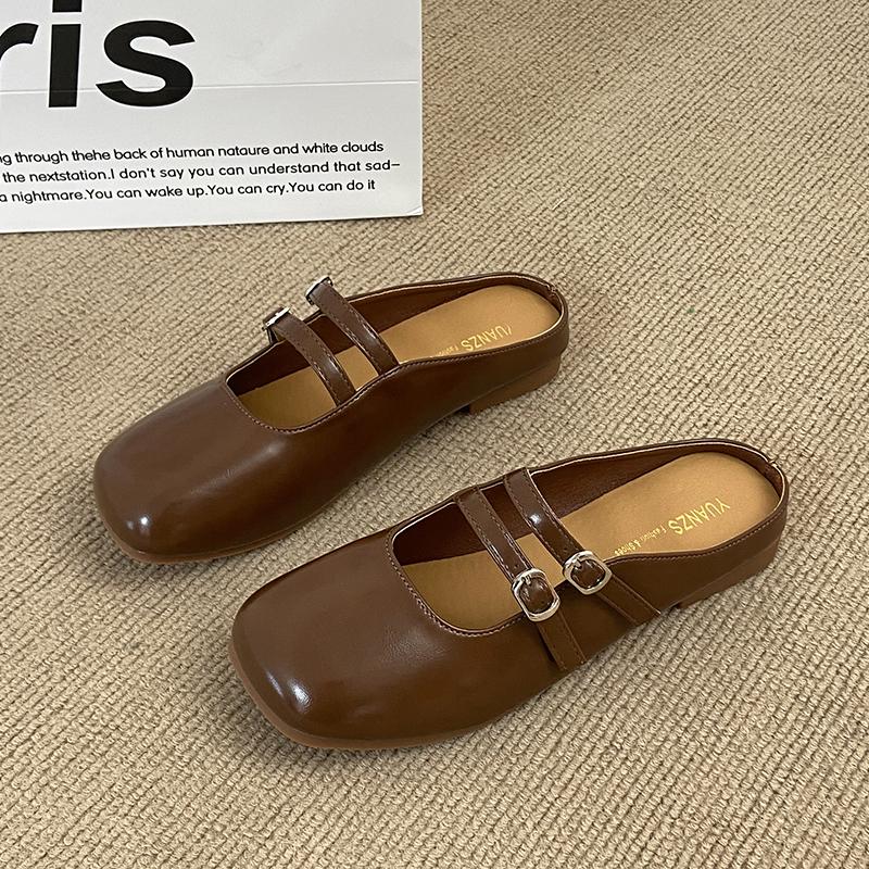 Fashion CRLAYDK Mules for Women Flats Leather Buckle Strip Slip On Ladies Square Toe Backless Loafers Ladies Dress Comfortable Shoes