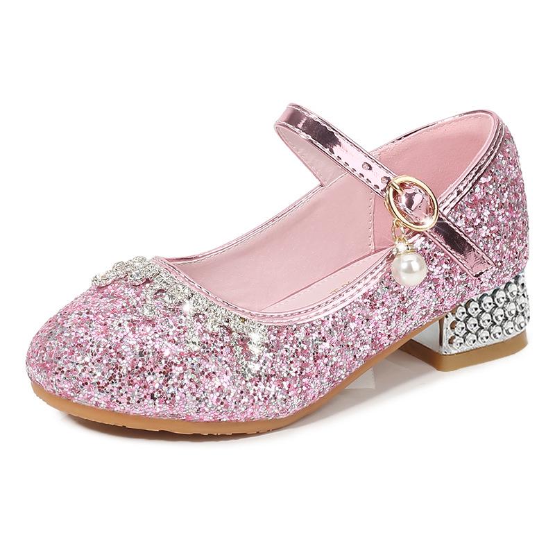 Princess Girls' Sequined High Heels - Soft, Non-Slip Leather Shoes for Spring and Autumn