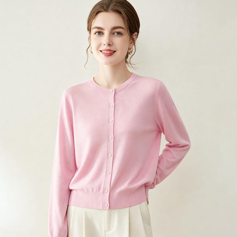 Lekasha Women's 100% Wool Round Neck Long Sleeve Cardigan