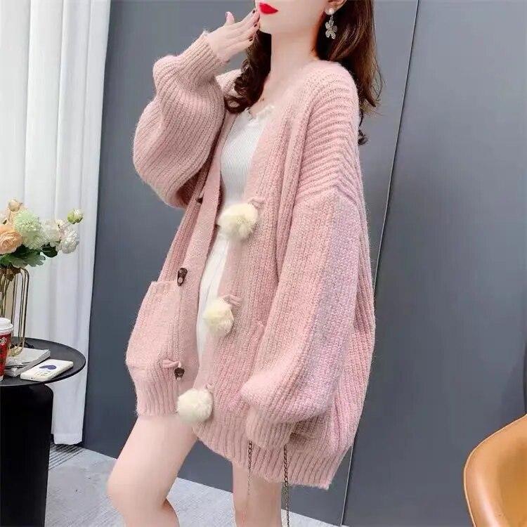 Høst-/vinterfrakk Ny ullballgenser Cardigan Dame Mellom lengde Løs og lat stil Tykket strikket kåpe Dame