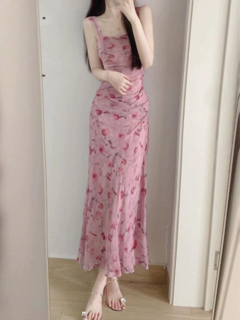 French Romantic Pink Floral Suspender Dress Women's Summer New High-end Sexy Super Figure Temperament Dress