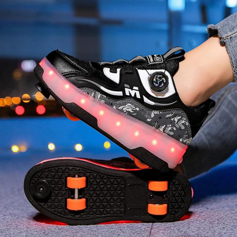 Children's LED Light Walking Shoes Double Row Four-Wheel Roller Skates Ice Skate Shoes Unisex Kids' Wheeling Footwear