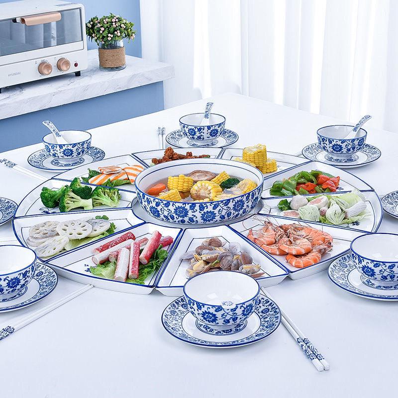 Qinjing Blue and White Porcelain Fan-Shaped Dinnerware Set