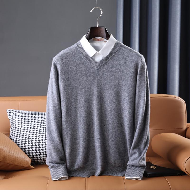 Men's Casual Autumn & Winter 100% Pure Wool V-Neck Loose Knit Sweater