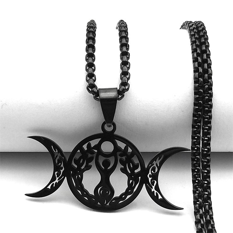 Witch Triple Moon Goddess Luna Necklace for Women Men Stainless Steel Silver Color Amulet Hecate Chain Jewelry Collier N9736S02