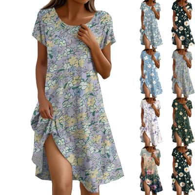 Short Sleeve Boho Dress For Women Casual Loose Fit Summer Sundress Floral Print Dress With Pockets