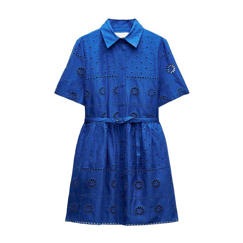 

Spring New Fashion Socialite Style Lapel Short Sleeve with Belt Cut Out Embroider Dress 4786085 Dark Blue L