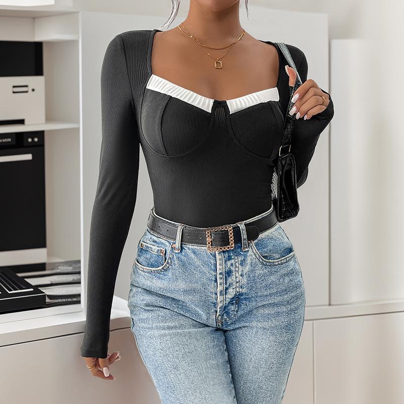 Seksowny kombinezon bodycon dla kobiet z kwadratowym dekoltem, patchworkowy, streetwear, długi rękaw, damskie, dopasowane, Y2K, bielizna, jednoczęściowy, body