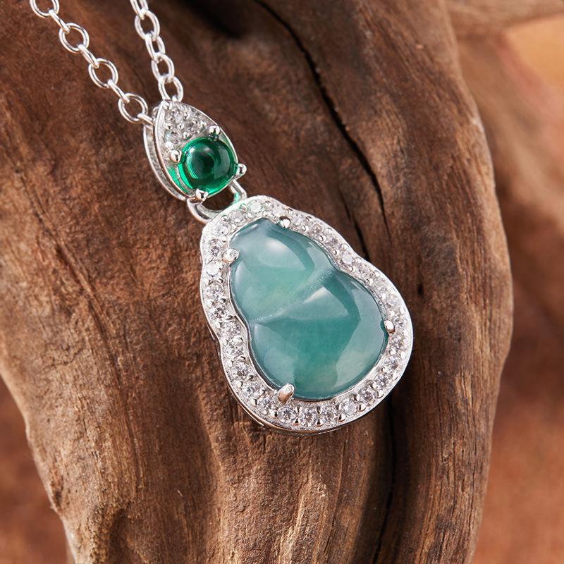 Natural Jadeite Gourd Pendant Necklace Women'S S925 Sterling Silver Inlaid With Colorful Treasure Xiaohongshu Earrings