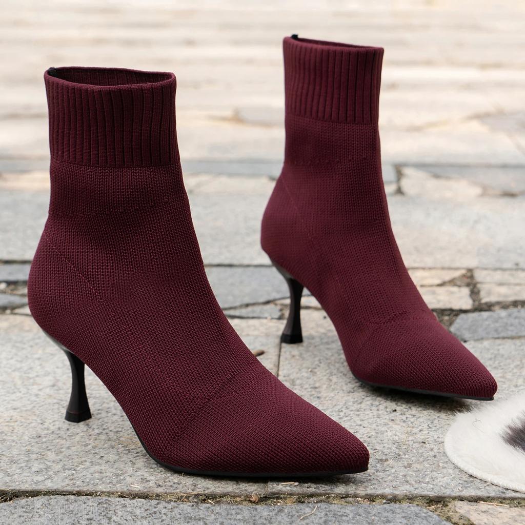 Fashion Women Boots Short High Heels Shoes for Women Autumn Winter Botas Mujer Knitted Ankle Boots Black Sock Women Heels Boots Female