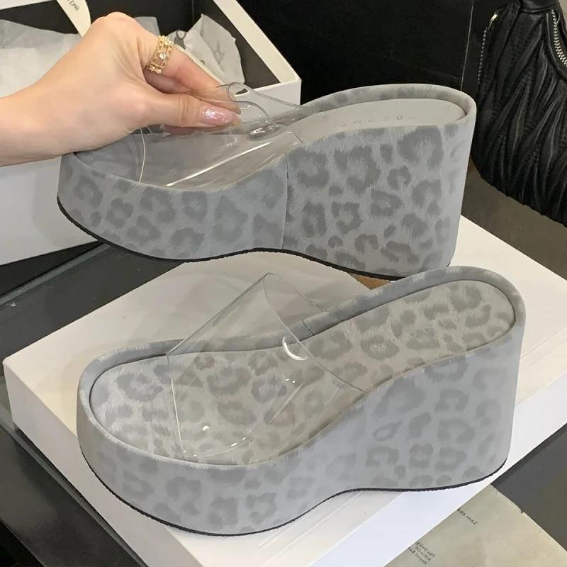 New Design Leopard Print Platform Wedges Women's Slipper Summer PVC Transparen Open Toe High Heels Party Dress Shoes