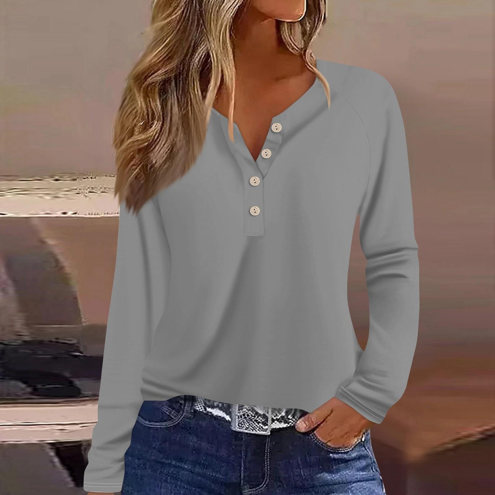 

Жіноча модна повсякденна одноколірна футболка з V-подібним вирізом і довгими рукавами на ґудзиках M