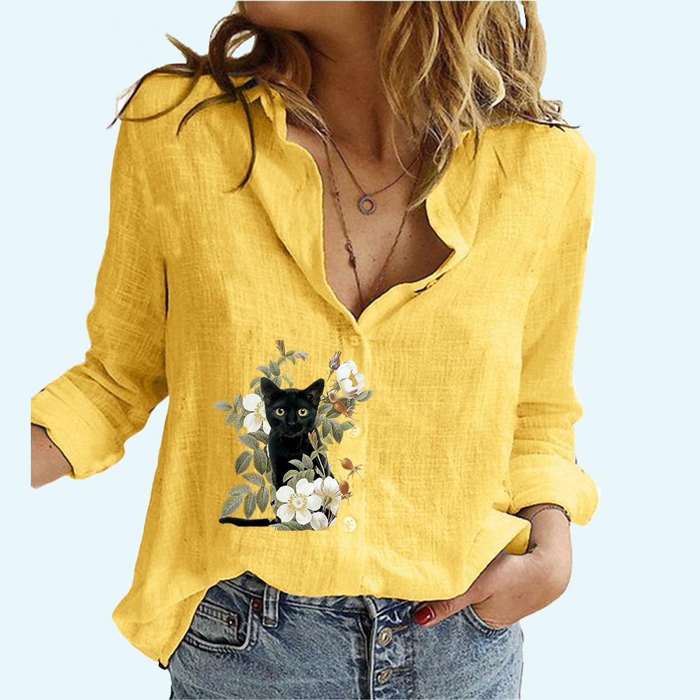 

Женская мода блузки с воротником с лацканами весна и осень повседневный кардиган с длинными рукавами льняная рубашка Laides принт топ с длинными рукавами 5XL жёлтый