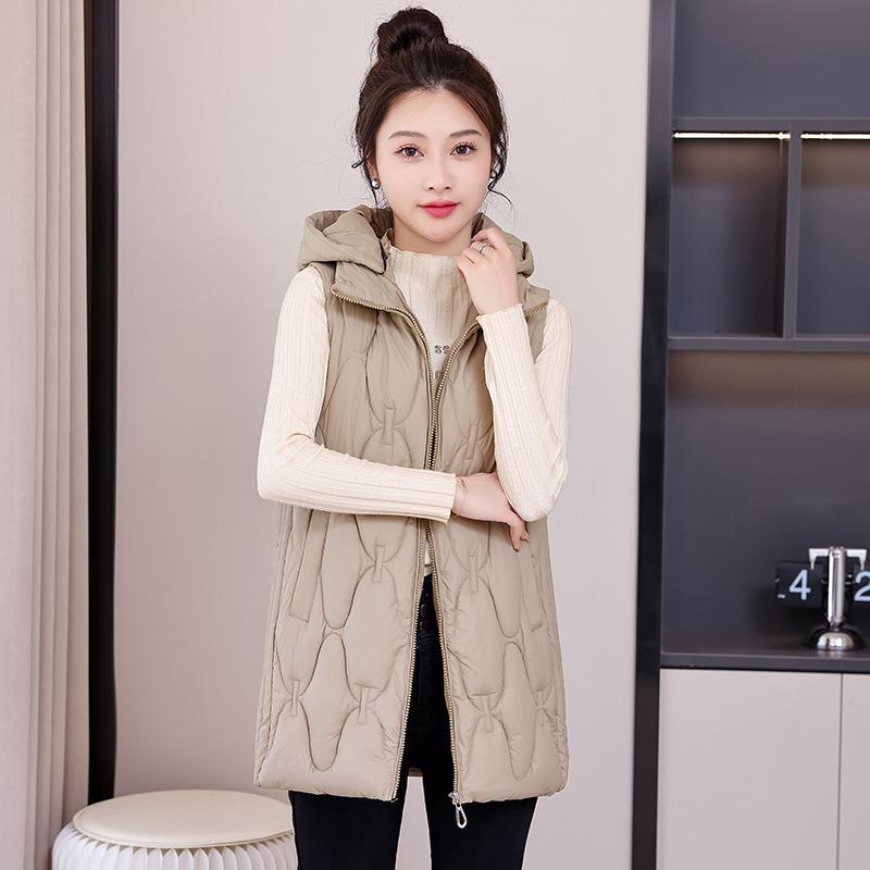Autumn and Winter Down Cotton Vest Women's Rhombus Grid Medium and Long Loose Hooded Vest