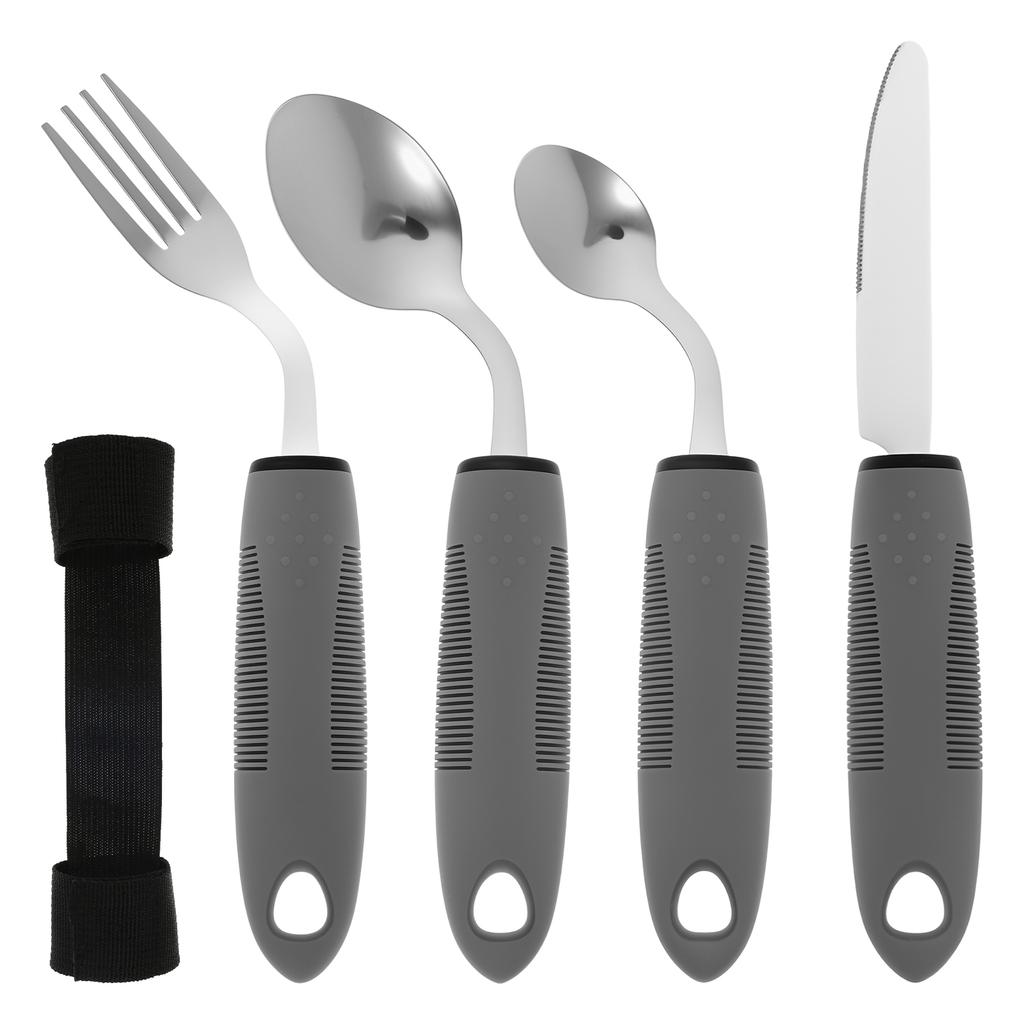 Set di Forchetta e Cucchiaio da Tavola Regolabile con Manico Antiscivolo Acciaio Inossidabile Posate Adattive Stoviglie per Anziani Gadget da Cucina