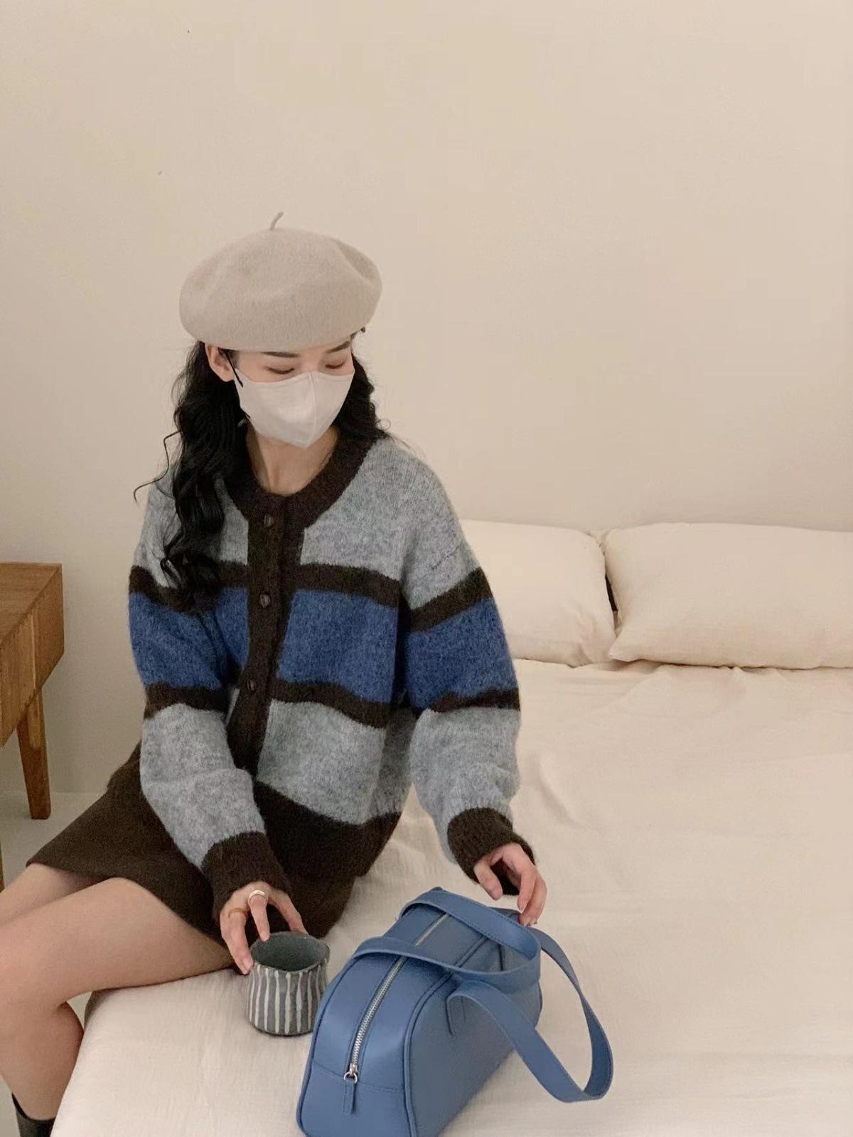 

Вязаный кардиган в полоску Осень/Зима 2024 – Свитер с длинным рукавом в стиле кэжуал для женщин One Size серый