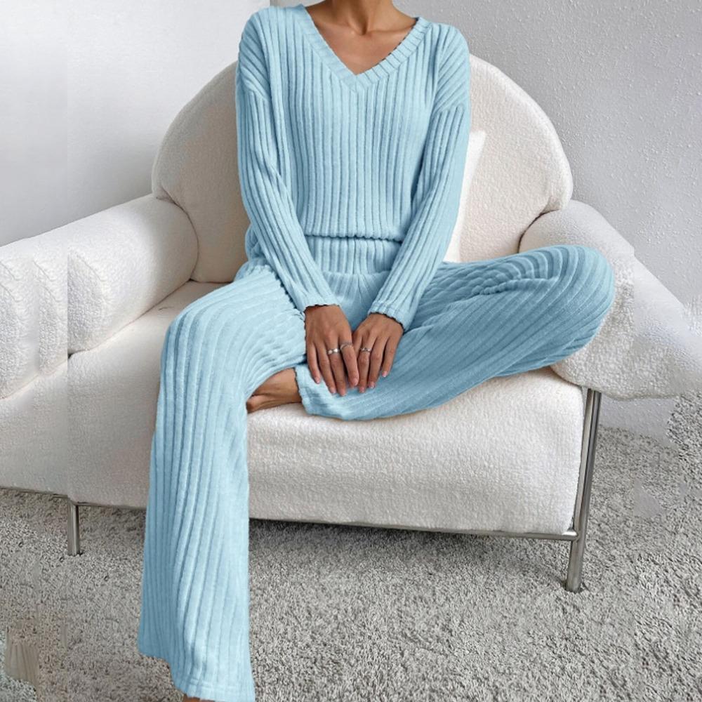 Women's Loose Knit Loungewear Set Long Sleeve V Neck Top Elastic Waist Wide Leg Pants