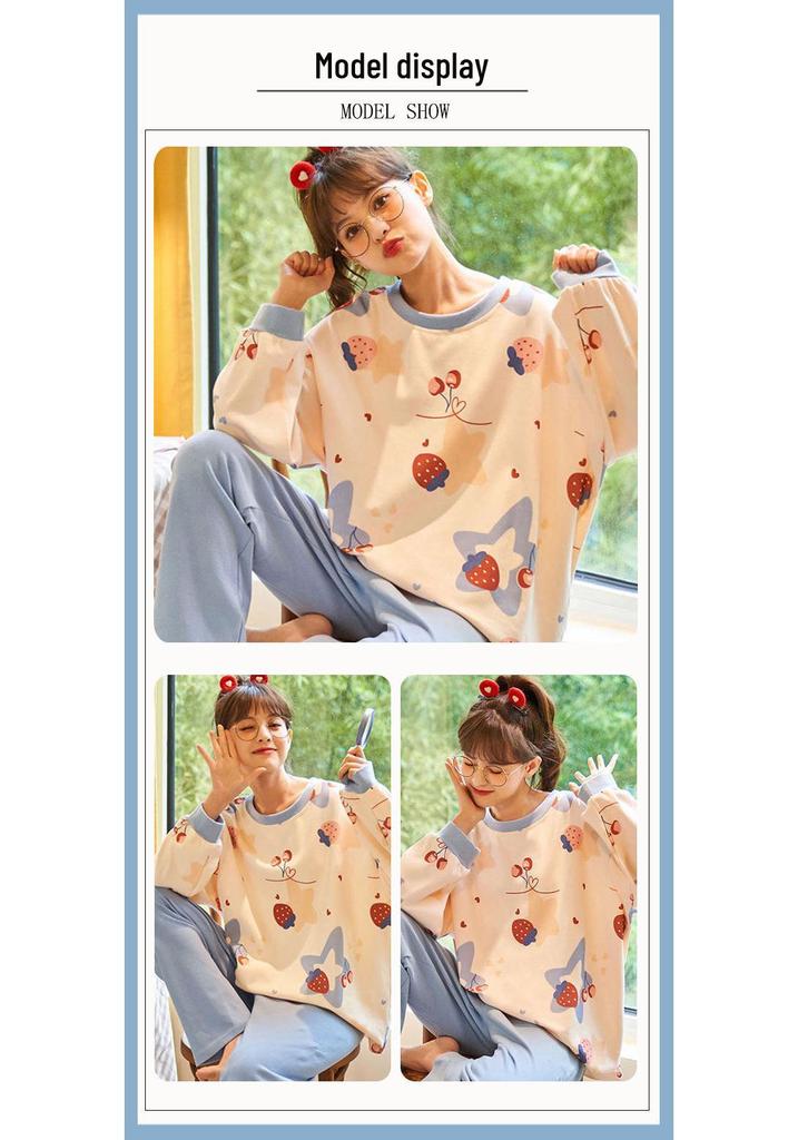 Women's Cute Simple Style Long Sleeve & Pants Imitation Cotton Pajama Set for Spring and Autumn