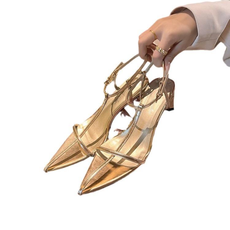 Pointed thick heel thin strap sandals 2025 summer new cowhide pointed T-buckle sexy lady style high heels women