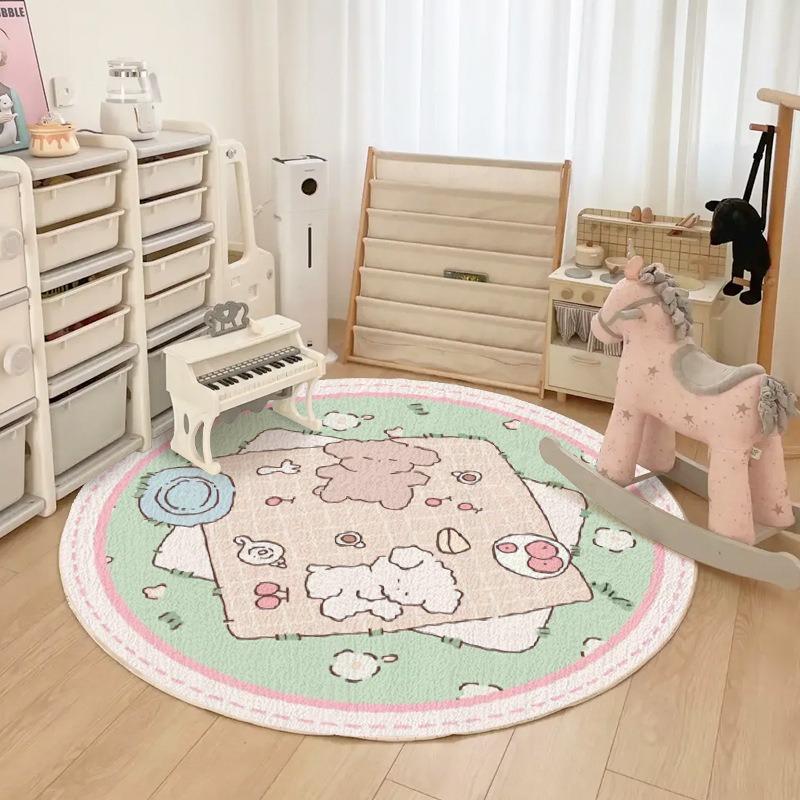Cute Cartoon Animal Print Round Rug Super Soft Kids Play Mat for Living Room Bedroom Safe Non-Slip Circle Carpet Easy To Clean