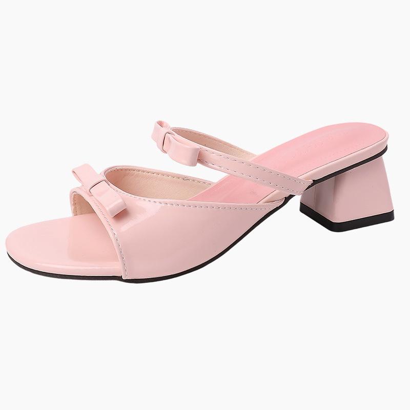 Fashion retro high-heeled cool slippers design sense bow one-word slippers women's summer casual wear French sandals