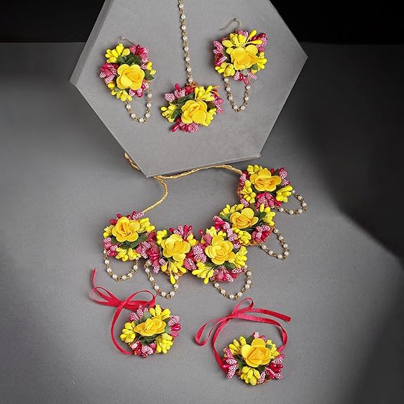 Smycken Blommor Smyckesset För Haldi Gota Patti Halsband, Örhängen, Armband & Maang Tika för Kvinnor & Flickor
