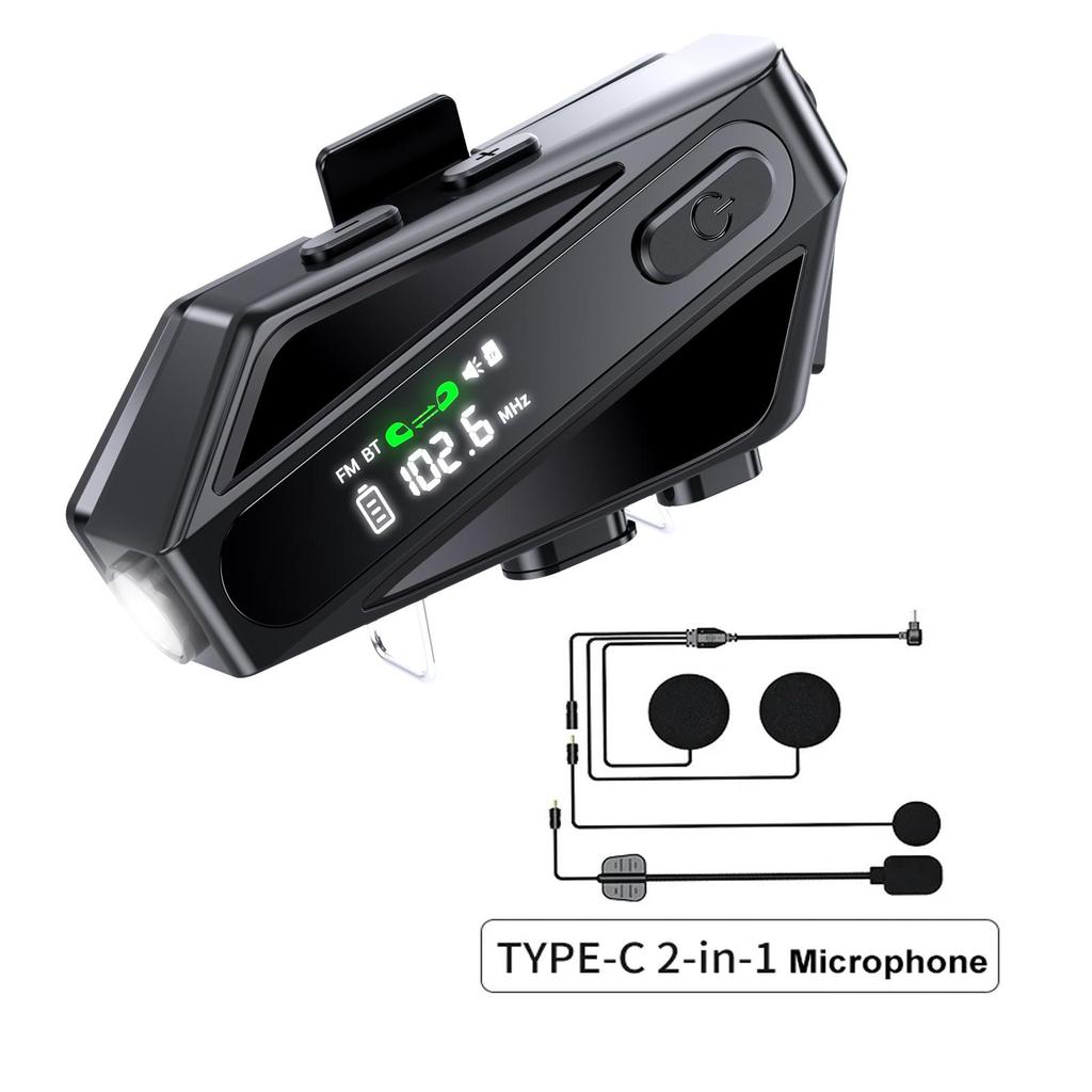 C6 Bluetooth-Headset für Motorradhelme mit 500-m-Gegensprechanlage, Musikfreigabe, FM-Radio, Bildschirm und Taschenlampe