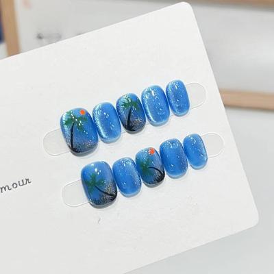 Blue Cat Eye Ins Dopamine Cute Coconut Tree Manicure Removable Fake Nail Patch