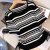 Women Sweaters Pullovers 2025 Summer Short Sleeve O-Neck White Black Striped Knitted Sweater Women Tops Pullover JJ182