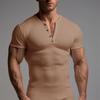 Summer Men T-shirt Short Sleeves Buttoned V Neck Solid Color Thread Knitted Stretchy Slim Fit American Style Muscle Guy Fitness Workout Top