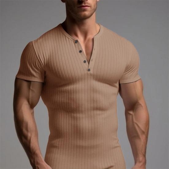 Letní pánské tričko s krátkým rukávem, knoflíkovým výstřihem do V, jednobarevné, žebrovaně pletené, pružné, slim fit, americký styl, pro svalovce, fitness, cvičební top