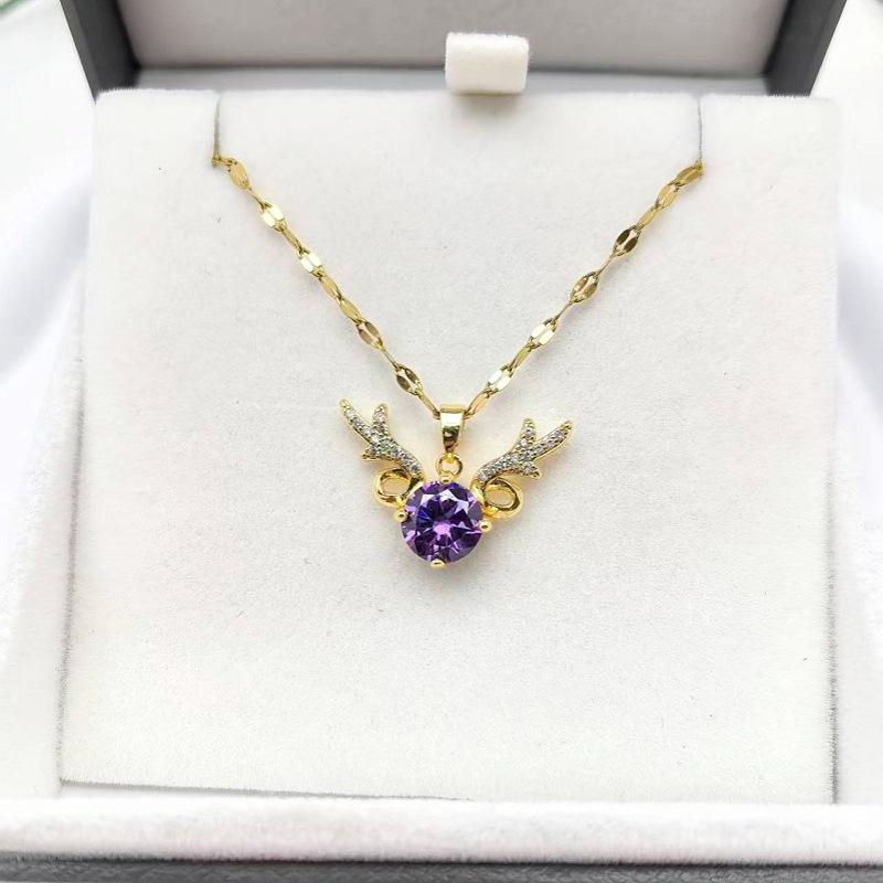 1 Pcs Fashionable Women's Necklace Copper Pendant Glass Antlers with Steel Collarbone Chain Girl's Beautiful Gift