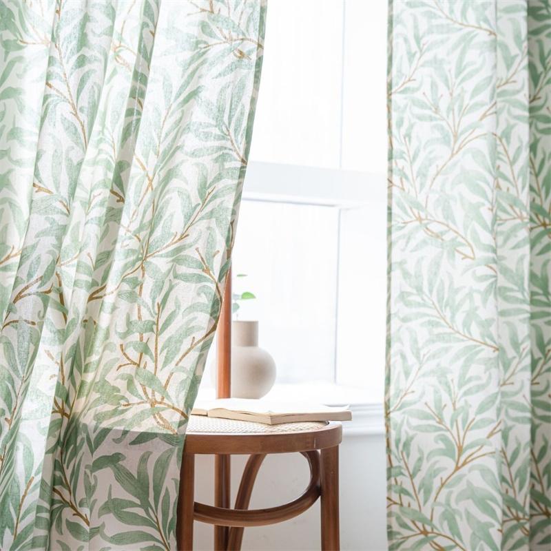 Botanical Leaf Print Curtains - Semi-Sheer Kitchen Valance & Bay Window Drapes | Ready-Made Light Filtering Sheers (Hooks/Rod Pocket)