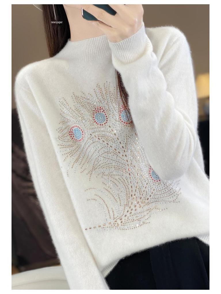 Women's Autumn Rhinestone Semi-High Neck Knitted Pullover Sweater - Loose, Slimming, Fashionable