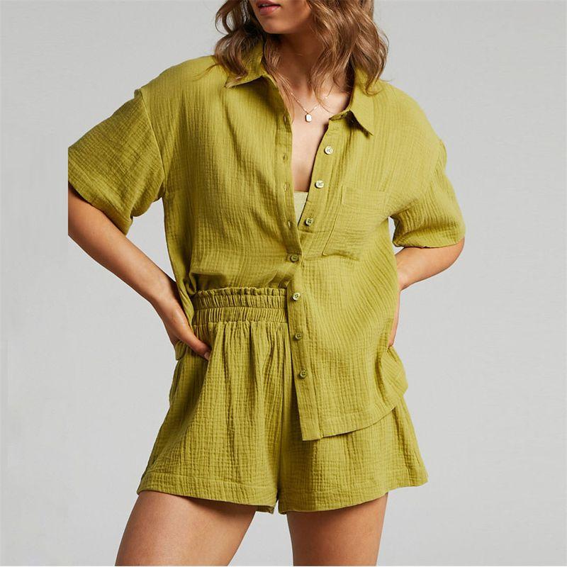 

Shorts and Shirt Set Women s Spring/Summer Fashion Casual Loose Single-Breasted Shorts Shirt Two-piece Set Yellow S